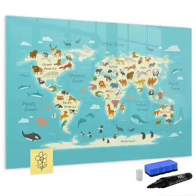 Lavagna magnetica per scrivere con mappa del mondo raffigurante animali