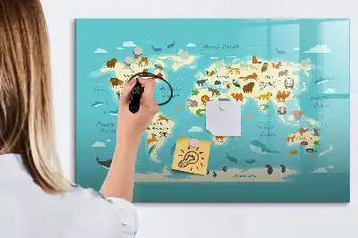 Lavagna magnetica per scrivere con mappa del mondo raffigurante animali