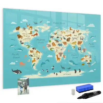 Lavagna magnetica per scrivere con mappa del mondo raffigurante animali
