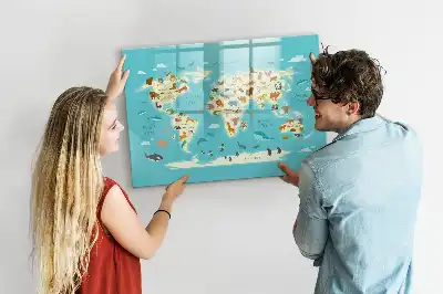 Lavagna magnetica per scrivere con mappa del mondo raffigurante animali