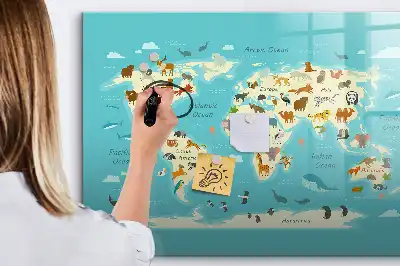 Lavagna magnetica per scrivere con mappa del mondo raffigurante animali