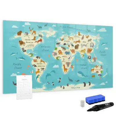 Lavagna magnetica per scrivere con mappa del mondo raffigurante animali