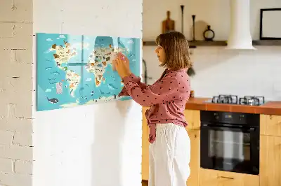 Lavagna magnetica per scrivere con mappa del mondo raffigurante animali