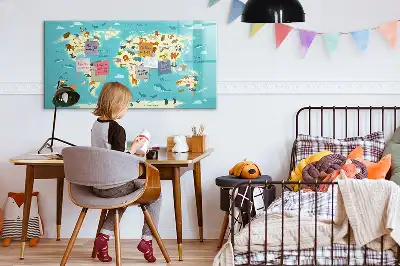 Lavagna magnetica per scrivere con mappa del mondo raffigurante animali