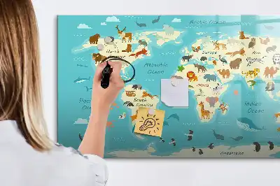 Lavagna magnetica per scrivere con mappa del mondo raffigurante animali