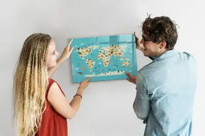 Lavagna magnetica per scrivere con mappa del mondo raffigurante animali