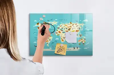 Lavagna magnetica per scrivere con mappa del mondo raffigurante animali