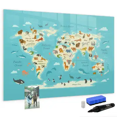 Lavagna magnetica per scrivere con mappa del mondo raffigurante animali