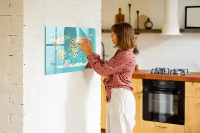 Lavagna magnetica per scrivere con mappa del mondo raffigurante animali