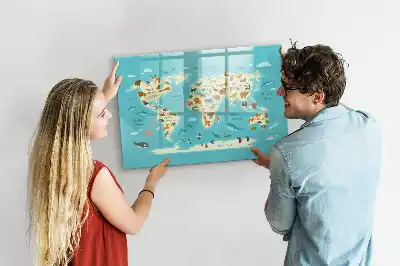 Lavagna magnetica per scrivere con mappa del mondo raffigurante animali