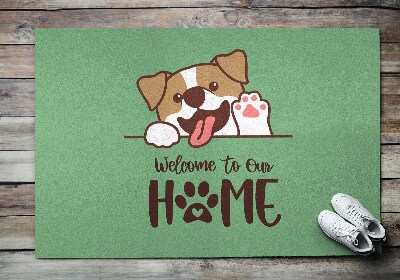 Tappeto ingresso interno Welcome to our home Cane su sfondo verde