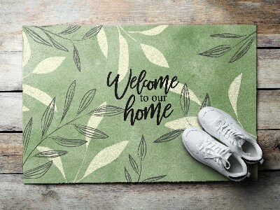 Tappeto per ingresso moderno Welcome to our home Motivo a foglie