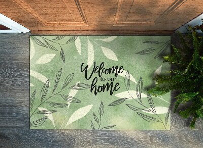 Tappeto per ingresso moderno Welcome to our home Motivo a foglie