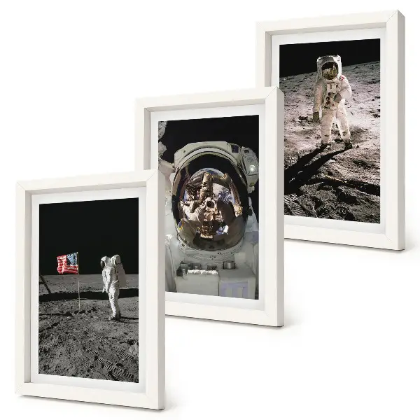 Composizione di 3 quadri con foto di astronauti che atterrano sulla Luna