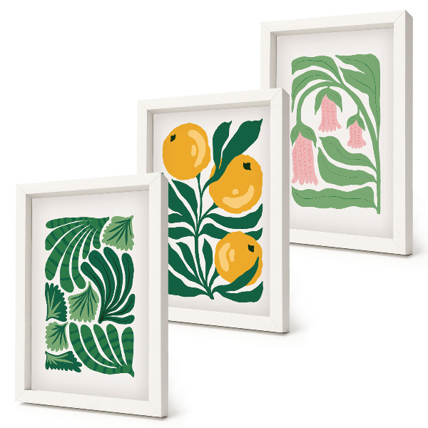 Trittico incorniciato Composizioni floreali minimaliste con frutti e foglie