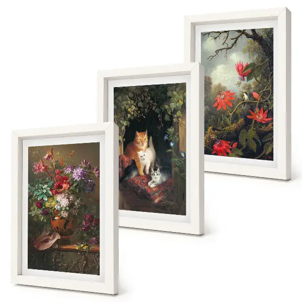 Trittico di quadri incorniciati con stampa vintage di fiori, gatti e piante