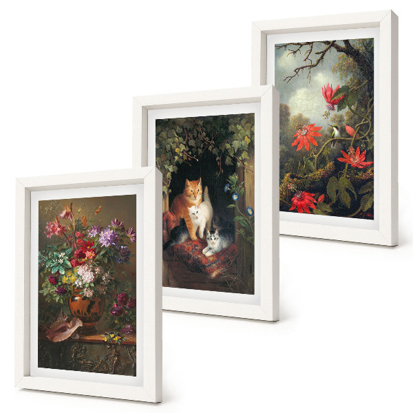 Trittico incorniciato Fiori vintage, gatti e piante nella natura