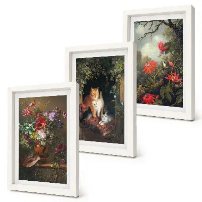 Trittico di quadri incorniciati con stampa vintage di fiori, gatti e piante