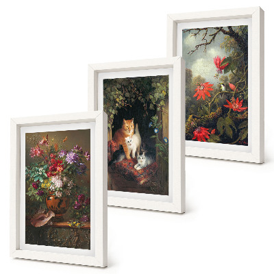Trittico incorniciato Fiori vintage, gatti e piante nella natura