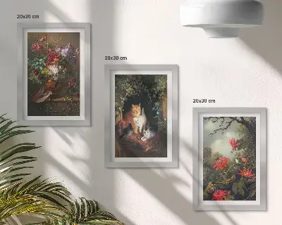 Trittico di quadri incorniciati con stampa vintage di fiori, gatti e piante