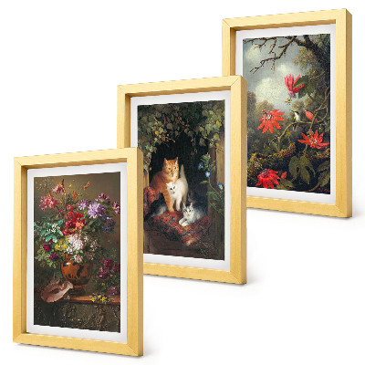 Trittico incorniciato Fiori vintage, gatti e piante nella natura