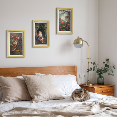 Trittico incorniciato Fiori vintage, gatti e piante nella natura