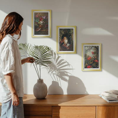 Trittico incorniciato Fiori vintage, gatti e piante nella natura