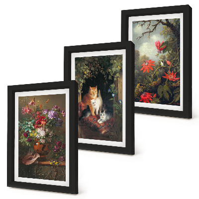 Trittico incorniciato Fiori vintage, gatti e piante nella natura