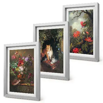 Trittico di quadri incorniciati con stampa vintage di fiori, gatti e piante