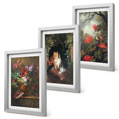 Trittico incorniciato Fiori vintage, gatti e piante nella natura