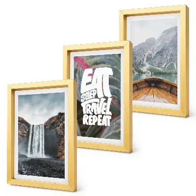 Composizione di 3 quadri con cascata, montagne e vegetazione