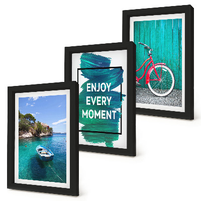 Trittico incorniciato Vista del mare con barca, bicicletta, iscrizione motivazionale