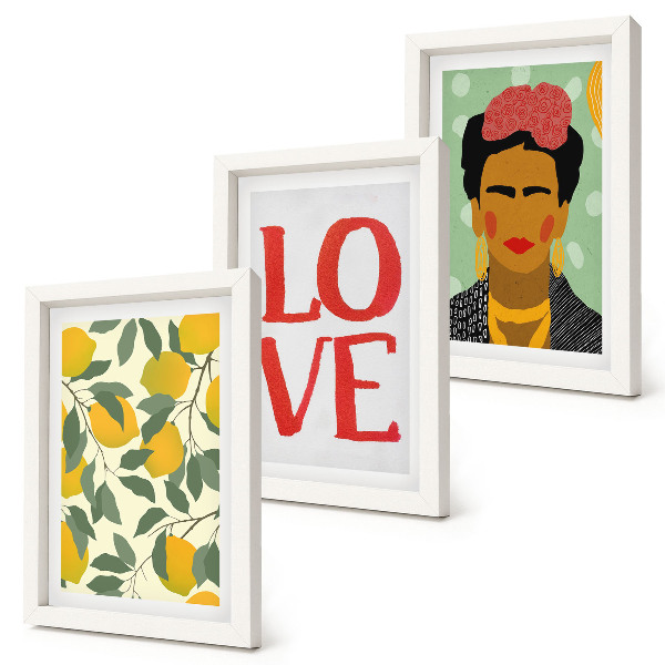 Trittico incorniciato Limoni con la scritta LOVE e ritratto dipinto di Frida Kahlo