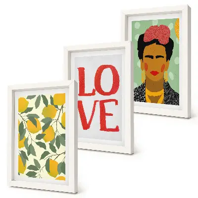 Trittico incorniciato con limoni, scritta love e ritratto di Frida Kahlo