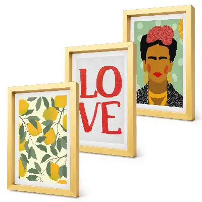 Trittico incorniciato con limoni, scritta love e ritratto di Frida Kahlo