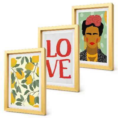 Trittico incorniciato Limoni con la scritta LOVE e ritratto dipinto di Frida Kahlo