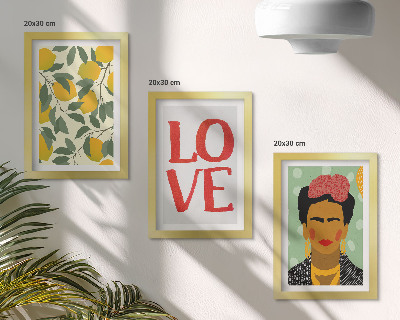 Trittico incorniciato Limoni con la scritta LOVE e ritratto dipinto di Frida Kahlo