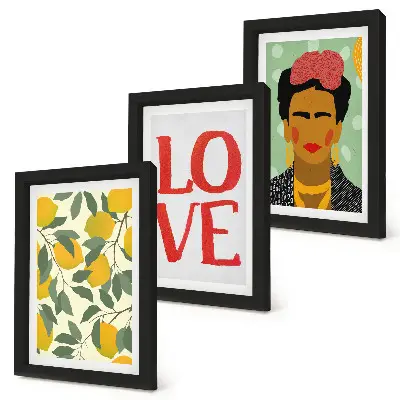Trittico incorniciato con limoni, scritta love e ritratto di Frida Kahlo