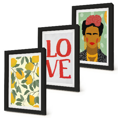 Trittico incorniciato Limoni con la scritta LOVE e ritratto dipinto di Frida Kahlo