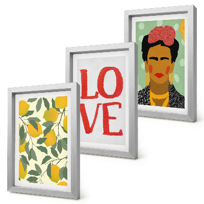 Trittico incorniciato Limoni con la scritta LOVE e ritratto dipinto di Frida Kahlo