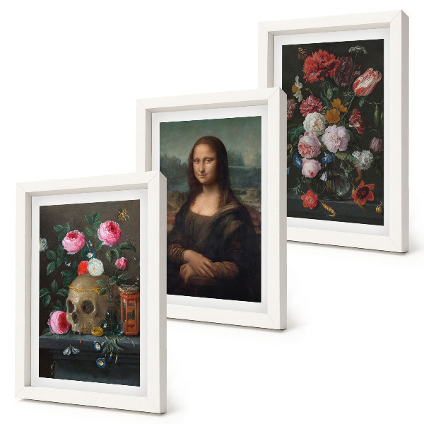 Composizione di 3 quadri Fiori vintage, teschio e ritratto della Gioconda di Leonardo da Vinci