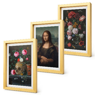 Composizione di 3 quadri Fiori vintage, teschio e ritratto della Gioconda di Leonardo da Vinci