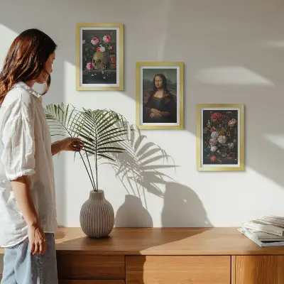 Composizione di 3 quadri con fiori vintage, teschio e ritratto della Gioconda di Leonardo da Vinci