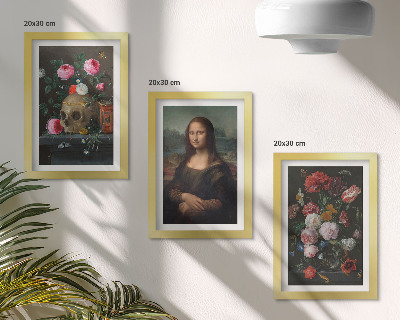 Composizione di 3 quadri Fiori vintage, teschio e ritratto della Gioconda di Leonardo da Vinci