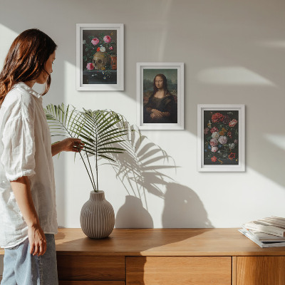 Composizione di 3 quadri Fiori vintage, teschio e ritratto della Gioconda di Leonardo da Vinci