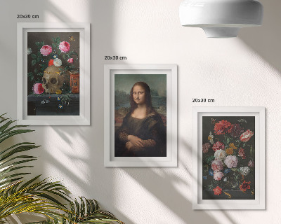 Composizione di 3 quadri Fiori vintage, teschio e ritratto della Gioconda di Leonardo da Vinci