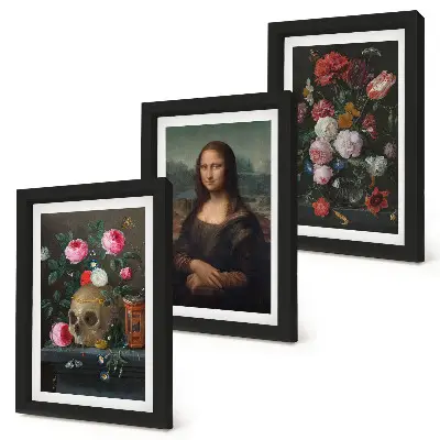 Composizione di 3 quadri con fiori vintage, teschio e ritratto della Gioconda di Leonardo da Vinci