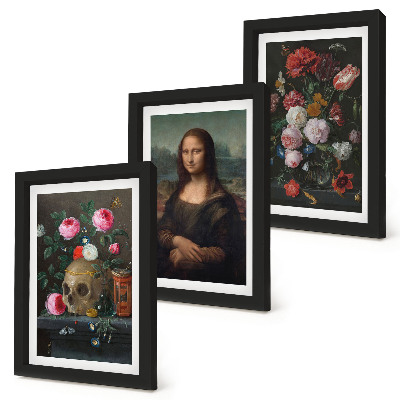 Composizione di 3 quadri Fiori vintage, teschio e ritratto della Gioconda di Leonardo da Vinci