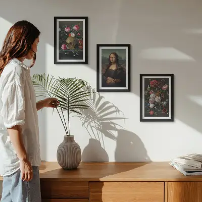 Composizione di 3 quadri con fiori vintage, teschio e ritratto della Gioconda di Leonardo da Vinci