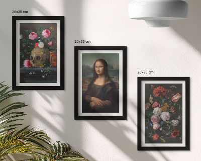 Composizione di 3 quadri Fiori vintage, teschio e ritratto della Gioconda di Leonardo da Vinci